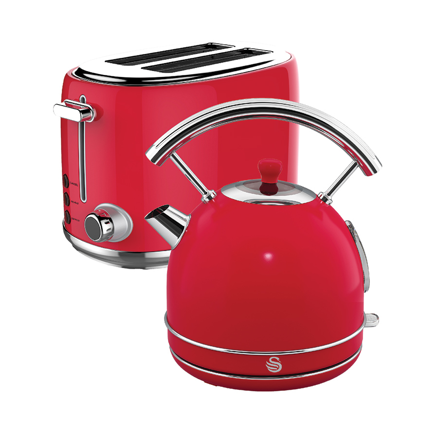 Swan Red Retro Dome Cordless Kettle & 2 Slice Toaster